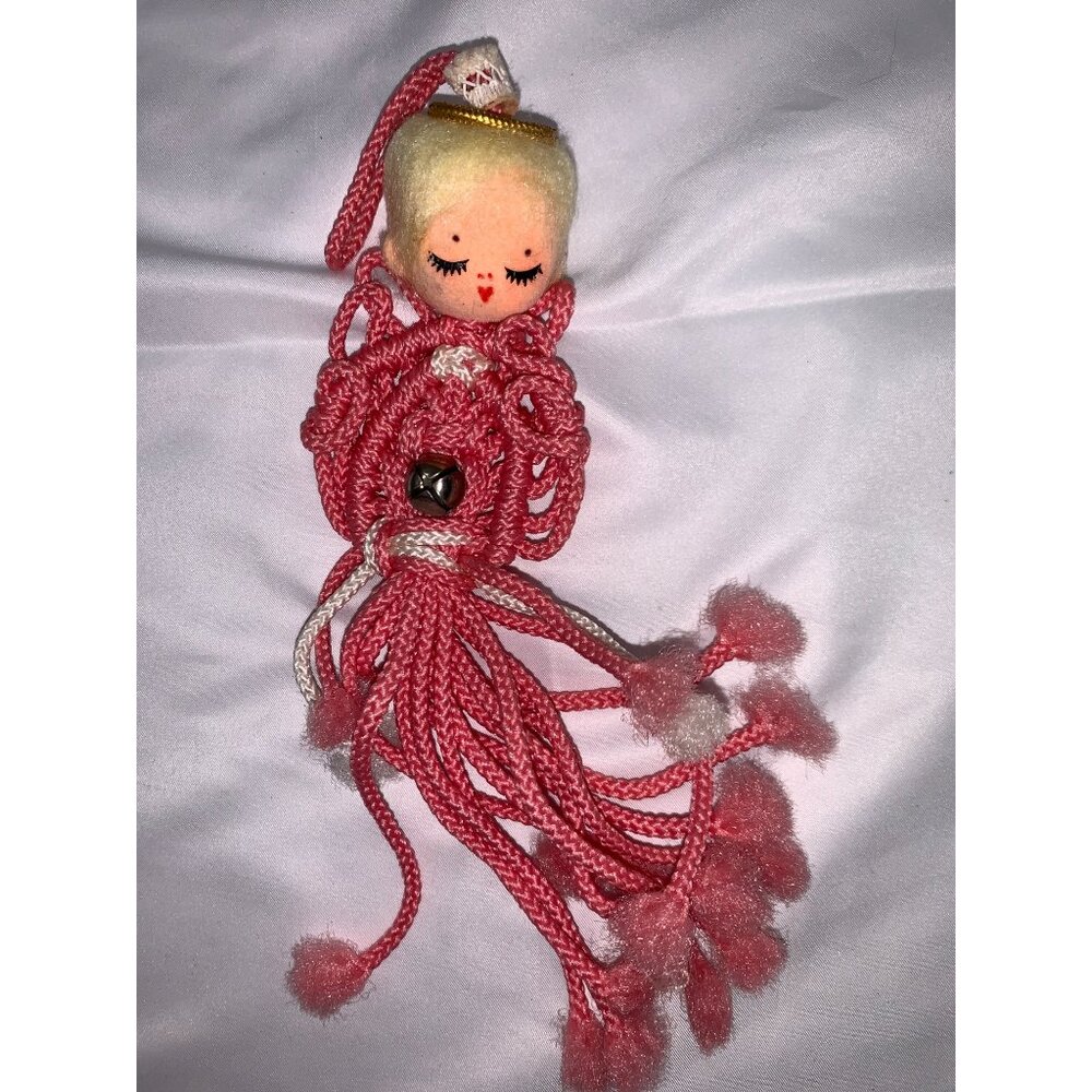 Vtg Handmade Crochet Doll Pink with Bell Ornament 8"